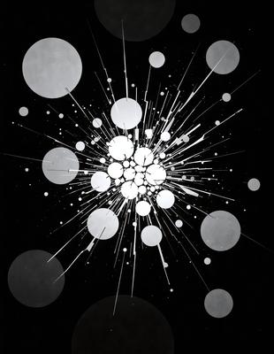 The primary subject of the image is a black and white artistic representation of a starry night. The setting is a dark background, which contrasts with the bright, white stars. The visual style is a combination of digital art and illustration, creating a unique and captivating scene. The colors and mood are predominantly black and white, giving the image a dramatic and timeless feel.
